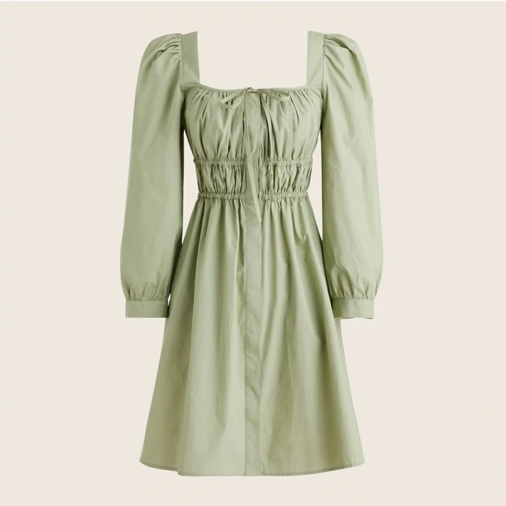 J CREW WOMENS CINCHED WAIST COTTON POPLIN DRESS GREEN 12 PETITE BG485 - Picture 1 of 9